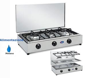 Fornello 3 fuochi in acciaio inox con coperchio, a METANO con piano estraibile, bruciatori lega Pyral N2 Dimensioni 61x36x15 cm spartifiamma e griglia smaltati Colore bianco smaltato