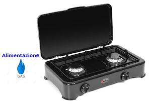 Fornello 2 fuochi con coperchio, GPL bruciatori lega Pyral N2 Dimensioni 48x29x h 12 cm spartifiamma e griglia smaltati Colore nero smaltato