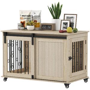 PawHut Box per cani su ruote, porta scorrevole, in legno e acciaio, 100 x 56 x 65 cm, Rovere | Aosom Italy