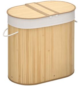 HOMCOM Cesto Portabiancheria in Bambù a 2 Sezioni, 2 Coperchi e Capacità 100L con Sacca Interna Removibile, 62.5x37x60.5 cm, Bianco e Color Legno