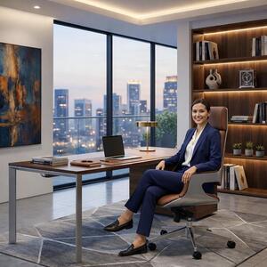 Poltrona da ufficio ergonomica con rivestimento in pelle marrone e braccioli