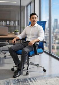 Sedia da ufficio blu con schienale ergonomico e struttura robusta