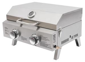 Griglia a gas portatile da tavolo – Griglia barbecue pieghevole – Doppio bruciatore – Termometro – Acciaio inossidabile, ideale per campeggio e terrazza – Argento