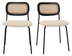 Sedie dal design in tessuto effetto velluto beige, metallo nero e intreccio di rattan (set di 2) MIRANDA