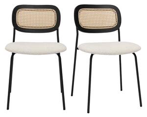 Sedie design in tessuto effetto lana ricciolo bianco, metallo nero e intreccio di rattan (set di 2) MIRANDA