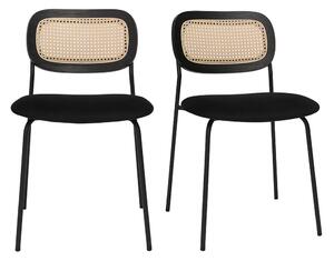 Sedie design in velluto nero, metallo nero e intreccio in rattan (set di 2) MIRANDA