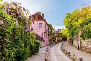 Fotografia Street in Montmartre with blooming wisteria, Alexander Spatari