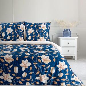 Lenzuola in cotone sateen - blu con fiori color crema 3 parti: 1pc 220x200 + 2pc 70x80