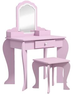 ZONEKIZ Set Toeletta per Bambina con Specchio Trucco e Sgabello Abbinato in Legno, Cassetto e Contenitori, Rosa | Aosom Italy