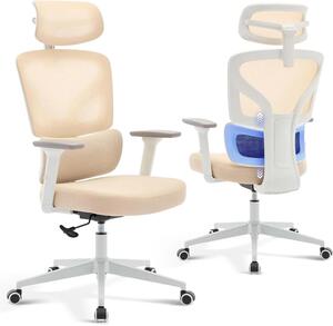 Sedia da ufficio ergonomica in mesh – Sedia da gaming con schienale alto – Supporto lombare e poggiatesta regolabili – Braccioli 3D – Rotazione a 360° – Beige