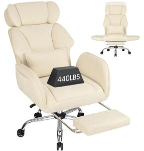 Sedia da ufficio - Sedia ergonomica per scrivania - Portata massima di 200 kg - Seduta ampia per la posizione a gambe incrociate - Rotella e base girevole - Braccioli pieghevoli - Poggiapiedi - Tessuto beige