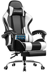 Sedia da gaming - Sedia da ufficio ergonomica con cuscino lombare massaggiante - Poggiapiedi ribaltabile - Regolabile in altezza - Sedia girevole con rotelle - Pelle finta bianca - Portante fino a 150 kg