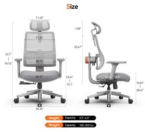 Sedia da ufficio ergonomica - Sedia girevole - Schienale regolabile che segue i movimenti - Supporto lombare adattivo - Poggiatesta regolabile - Profondità della seduta regolabile - Regolabile in altezza, con braccioli e ruote