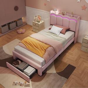 Letto imbottito per bambini 90x200 cm, color rosa, con cassetto e illuminazione LED controllabile tramite app, dotato di una testiera a forma di onda, ideale per la cameretta