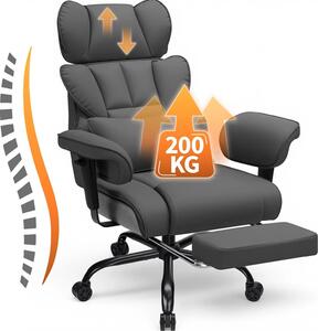 Sedia da ufficio ergonomica, portata 200 kg - Sedia da direttore - Schienale alto - Supporto lombare regolabile - Braccioli e poggiapiedi - Rivestimento in pelle - Grigia