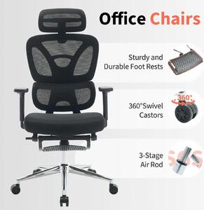 Sedia da ufficio ergonomica: schienale alto in mesh traspirante, poggiapiedi, braccioli e poggiatesta regolabili in 3D, supporto lombare, girevole, colore nero