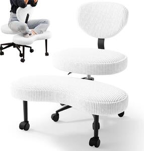Sedia da ufficio ergonomica: gambe incrociate, schienale reclinabile, regolabile in altezza, imbottita, con rotelle, rivestita in tessuto cord bianco