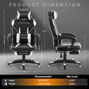 Sedia da gaming - Sedia da ufficio ergonomica - Regolabile in altezza - Poggiapiedi estraibile - Supporto lombare - Poggiatesta - Rotazione a 360° - Colore: nero e bianco