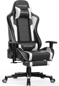 Sedia da gaming - Sedia da ufficio - Altoparlanti Bluetooth - Poggiapiedi estraibile - Regolabile in altezza - Girevole a 360° con rotelle - Pelle - 150 kg - Bianco e nero
