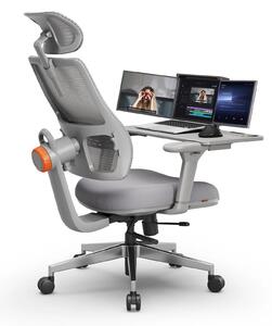 Sedia ergonomica con ripiano - Sedia da ufficio - Poggiatesta regolabile - Supporto lombare adattivo - Regolazione della profondità della seduta - Regolabile in altezza - Girevole con rotelle - Grigio