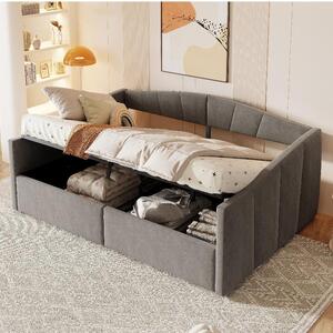 Letto imbottito 140x200 cm con spazio contenitore, rivestito in velluto grigio, completo di rete a doghe e braccioli, divano letto con sistema di sollevamento idraulico, ideale per la camera da letto