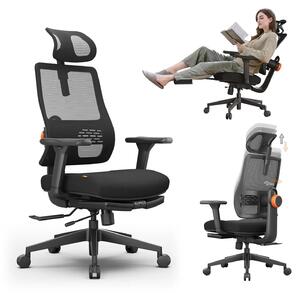 Sedia da ufficio ergonomica - Sedia girevole con poggiapiedi - Schienale con supporto automatico - Supporto lombare adattabile - Poggiatesta e braccioli regolabili - Blocco dell'inclinazione a 4 livelli - Colore: nero