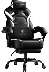 Sedia da gaming - Sedia da ufficio ergonomica - Con poggiapiedi - Portata massima di 200 kg - Regolabile in altezza con braccioli - Cuscini lombari e poggiatesta - Girevole - Bianco e nero