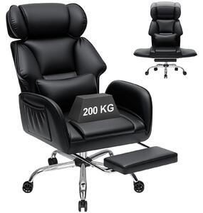 Sedia da ufficio ergonomica - Sedia da scrivania - Portata massima: 200 kg - Supporto lombare - Seduta ampia con poggiapiedi - Braccioli pieghevoli - Ruote - Ecopelle nera
