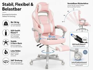 Sedia da gaming - Sedia da ufficio ergonomica, regolabile in altezza, con schienale alto - Poggiapiedi estensibile - Supporto lombare - Poggiatesta - Rotazione a 360° - Rosa