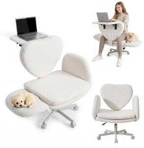 Sedia da scrivania con tavolino integrato - Sedia da ufficio - Seduta ampia per posizione a gambe incrociate - Braccioli regolabili in 5 posizioni - Regolabile in altezza, ergonomica - Rotella e base girevole - Rivestimento in pile bianco