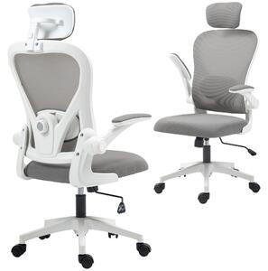 Sedia da ufficio ergonomica - Sedia da scrivania - Braccioli ripiegabili - Supporto lombare regolabile - Poggiatesta - Regolabile in altezza - Rotella con meccanismo di inclinazione - Grigia