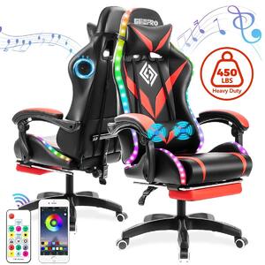 Sedia da gaming - Sedia da ufficio - Altoparlanti integrati - Illuminazione LED - Poggiapiedi - Regolabile in altezza per una postura ergonomica - Rivestita in ecopelle - Portata massima: 204 kg - Colore: rosso