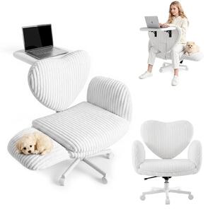 Sedia da ufficio ergonomica - Sedia da ufficio con piano scrivania pieghevole - Regolabile in altezza - Braccioli regolabili in 5 posizioni - Rotella - Rivestimento in tessuto corda bianco