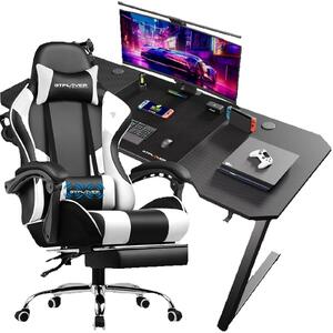 Set scrivania e sedia da gaming - Z12 + GT800A - Pelle + fibra di carbonio - Stile minimalista e moderno - Per la casa e il gaming - Montaggio richiesto - Bianco