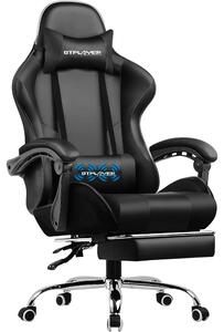 Sedia da gaming ergonomica - Sedia da ufficio - Funzione massaggio - Poggiapiedi estraibile - Regolabile in altezza - Cuscino lombare - Fino a 150 kg - Nero