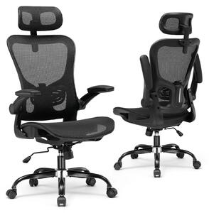 Sedia da ufficio CH90 - Sedia da scrivania ergonomica in rete - Poggiatesta regolabile - Regolabile in altezza con pistone a gas - Girevole a 360° - Braccioli e rotelle - Nero