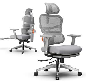 Sedia da ufficio ergonomica - Modello NT002 - Supporto lombare regolabile - Poggiapiedi e poggiatesta - Schienale regolabile in 4 posizioni - Rotella e base girevole - Rivestimento in tessuto grigio