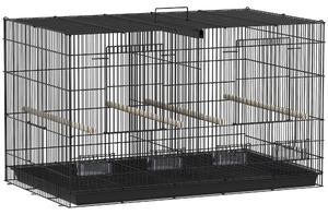 PawHut Gabbia per Uccelli con Divisore 4 Mangiatoie 4 Posatoi Vassoio Estraibile per Pappagalli Canarini Parrocchetti 76x46x46 cm Nero | Aosom Italy
