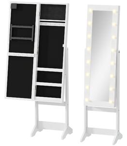HOMCOM Armadio Portagioie Portagioielli Specchio Regolabile e Luci LED, Legno, Bianco, 36x30x136 cm|Aosom