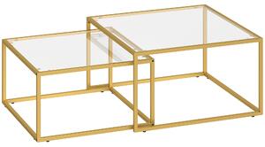 HOMCOM Set di 2 Tavolini da Salotto Quadrati, Tavolini a Nido Moderni con Piano in Vetro Temperato e Struttura Metallica, 75x75x42 cm, Dorato | Aosom Italy
