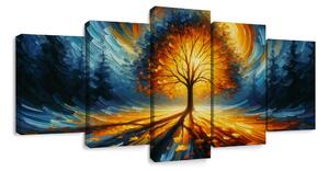 Quadri 5 pezzi – Albero della vita luminoso nei toni infuocati
