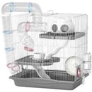 PawHut Gabbia per Criceti a 3 Livelli e 14 Tubi con Casetta, Rampa, e Accessori, in Metallo e Plastica, 45x30x45 cm, Grigio | Aosom Italy