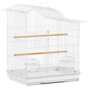 PawHut Gabbia per Uccelli a 4 Porte con 2 Ciotole, 2 Posatoi e Vassoio, in Metallo e Plastica, 47.5x36x54.5 cm, Bianco | Aosom Italy