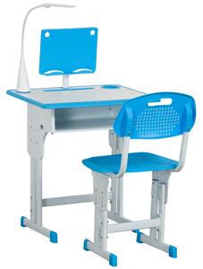 HOMCOM Banco Scuola con Sedia per Bambini 6-12 Anni Altezza Regolabile, Lampada LED, Leggio e Portapenne, Acciaio e MDF, Blu|Aosom