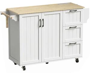 HOMCOM Isola da Cucina con Piano Estensibile, Stazione di Ricarica, Ruote, 2 Ante, 3 Cassetti, Portaspezie e Porta Asciugamani, Bianco | Aosom Italy