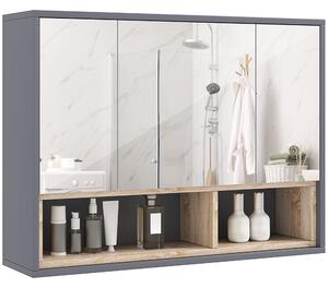 HOMCOM Specchiera Bagno a 3 Ante con Armadietto 8 Vani e Ante Ammortizzate, 80x20x60 cm, Grigio