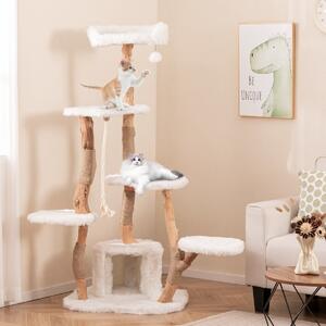 Costway Albero per gatti alto 168cm in legno massello con trespolo pali per graffiare pallina, Torre moderna in legno per gatti Bianco