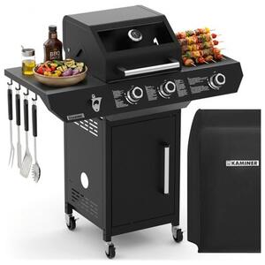 Griglia a gas da 10 kW, nera, in acciaio inox, con girarrosto