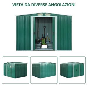 Outsunny Casetta da Giardino Porta Utensili in Lamiera di Acciaio, Capanno da Giardino in Acciaio con Porte Scorrevoli, 258x206x178cm, Verde