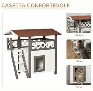 PawHut Casetta per Gatti e Piccoli Animali da Esterno in Legno con Cuccia, Terrazza e Scaletta, 77x50x73cm, Bianco e Grigio